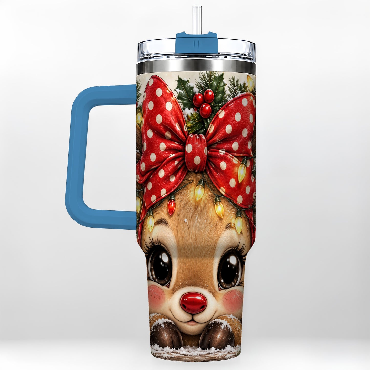 #pl[40oz|Blue] Cute Reindeer 40oz Tumbler with Handle, Holiday Stainless Steel Cup