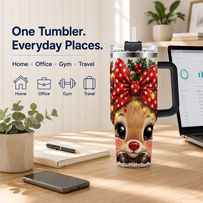 #pl[40oz|Black] Cute Reindeer 40oz Tumbler with Handle, Holiday Stainless Steel Cup