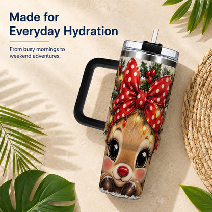 #pl[40oz|Black] Cute Reindeer 40oz Tumbler with Handle, Holiday Stainless Steel Cup