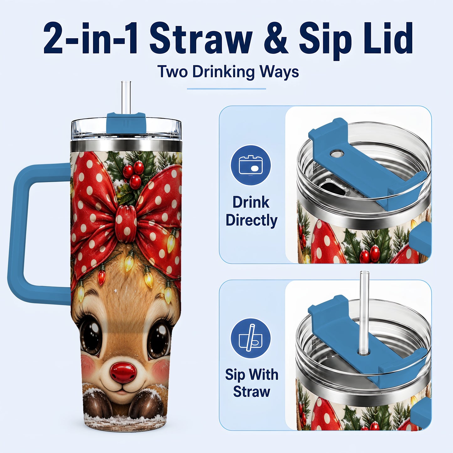#pl[40oz|Blue] Cute Reindeer 40oz Tumbler with Handle, Holiday Stainless Steel Cup