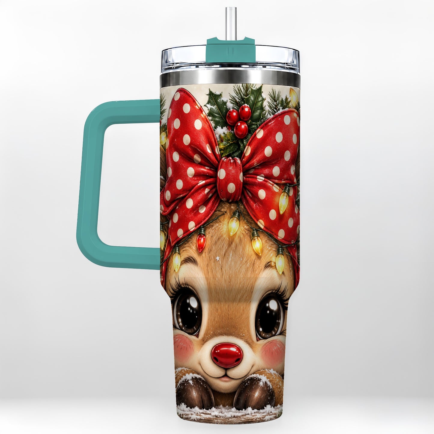 #pl[40oz|Green] Cute Reindeer 40oz Tumbler with Handle, Holiday Stainless Steel Cup