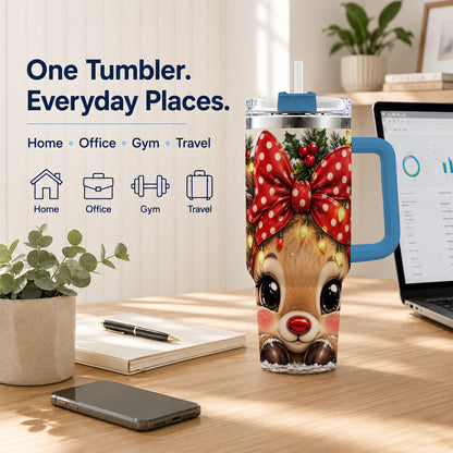 #pl[40oz|Blue] Cute Reindeer 40oz Tumbler with Handle, Holiday Stainless Steel Cup