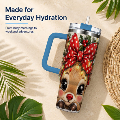 #pl[40oz|Blue] Cute Reindeer 40oz Tumbler with Handle, Holiday Stainless Steel Cup