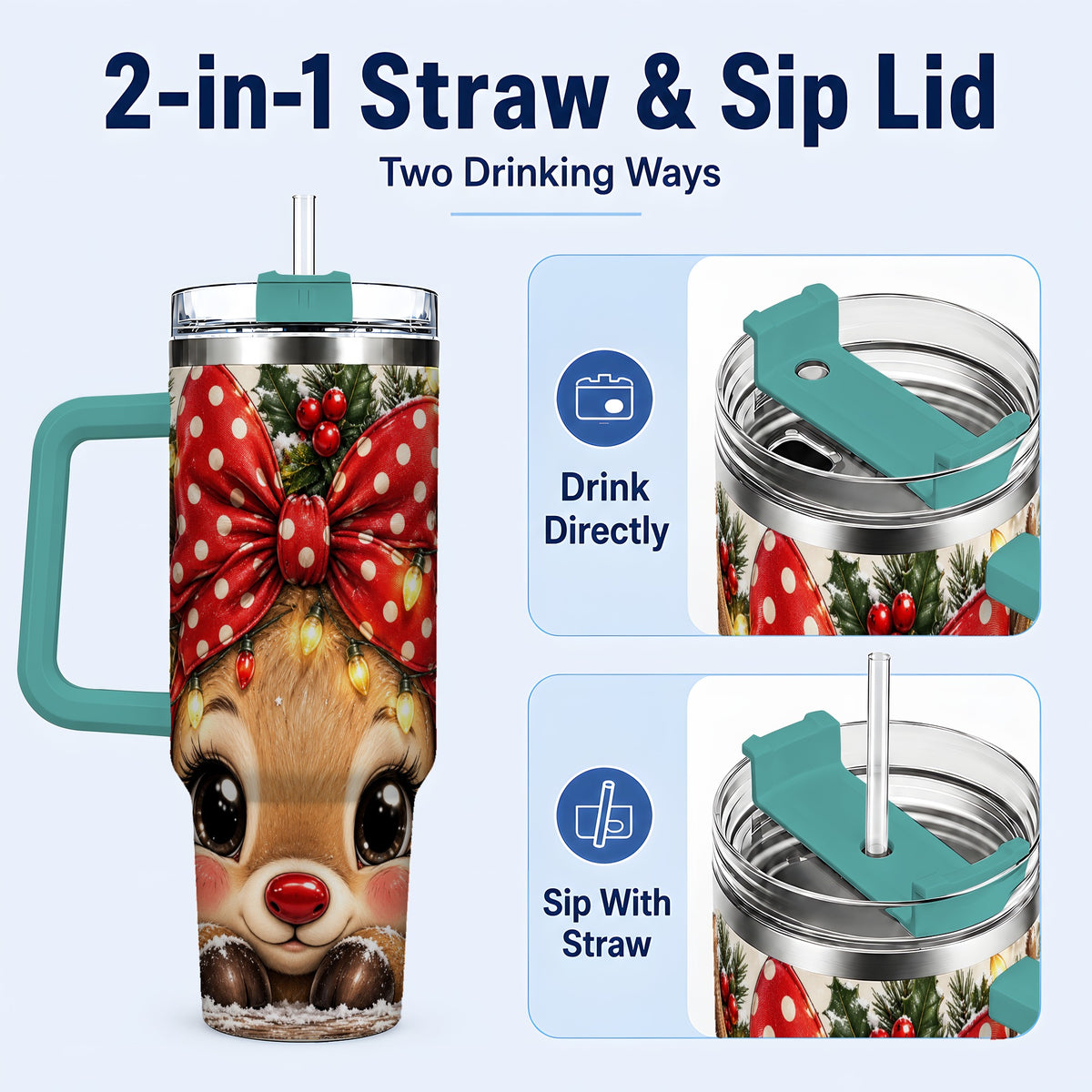 #pl[40oz|Green] Cute Reindeer 40oz Tumbler with Handle, Holiday Stainless Steel Cup