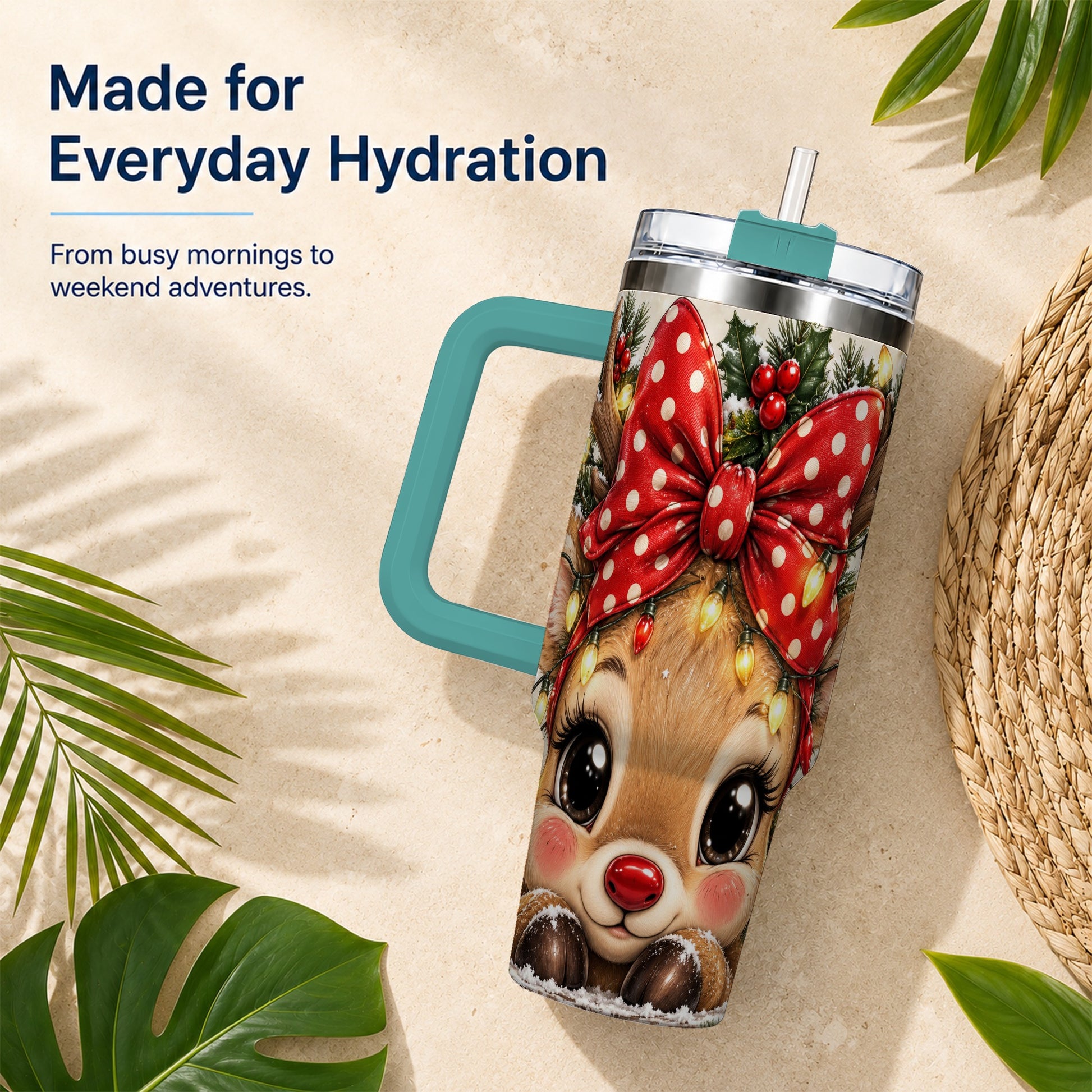 #pl[40oz|Green] Cute Reindeer 40oz Tumbler with Handle, Holiday Stainless Steel Cup