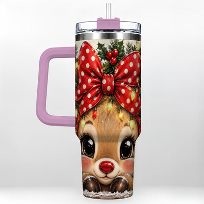 #pl[40oz|Pink] Cute Reindeer 40oz Tumbler with Handle, Holiday Stainless Steel Cup