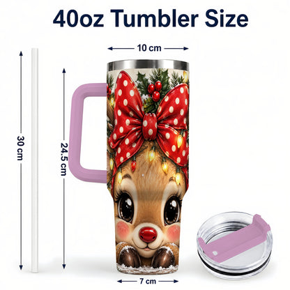 #pl[40oz|Pink] Cute Reindeer 40oz Tumbler with Handle, Holiday Stainless Steel Cup