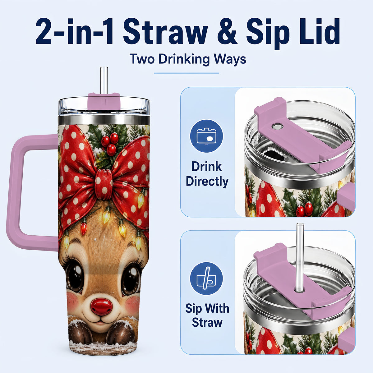 #pl[40oz|Pink] Cute Reindeer 40oz Tumbler with Handle, Holiday Stainless Steel Cup