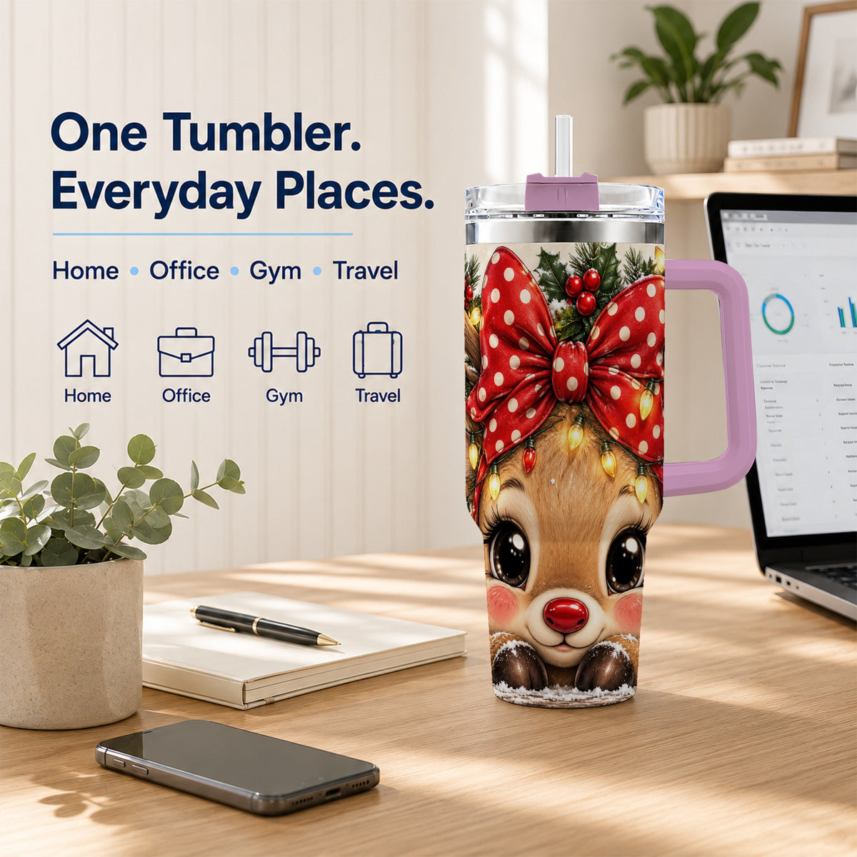#pl[40oz|Pink] Cute Reindeer 40oz Tumbler with Handle, Holiday Stainless Steel Cup