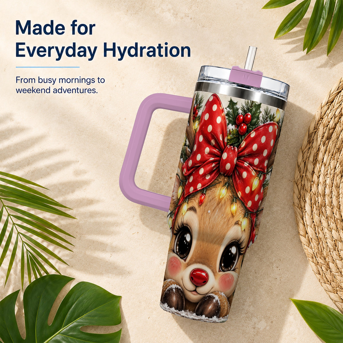 #pl[40oz|Pink] Cute Reindeer 40oz Tumbler with Handle, Holiday Stainless Steel Cup