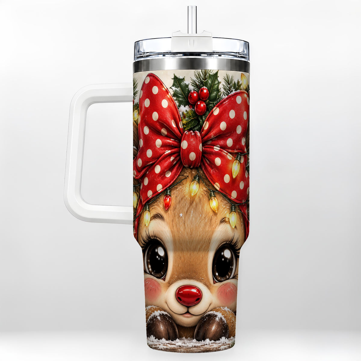 Cute Reindeer 40oz Tumbler with Handle, Holiday Stainless Steel Cup
