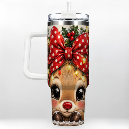 Cute Reindeer 40oz Tumbler with Handle, Holiday Stainless Steel Cup