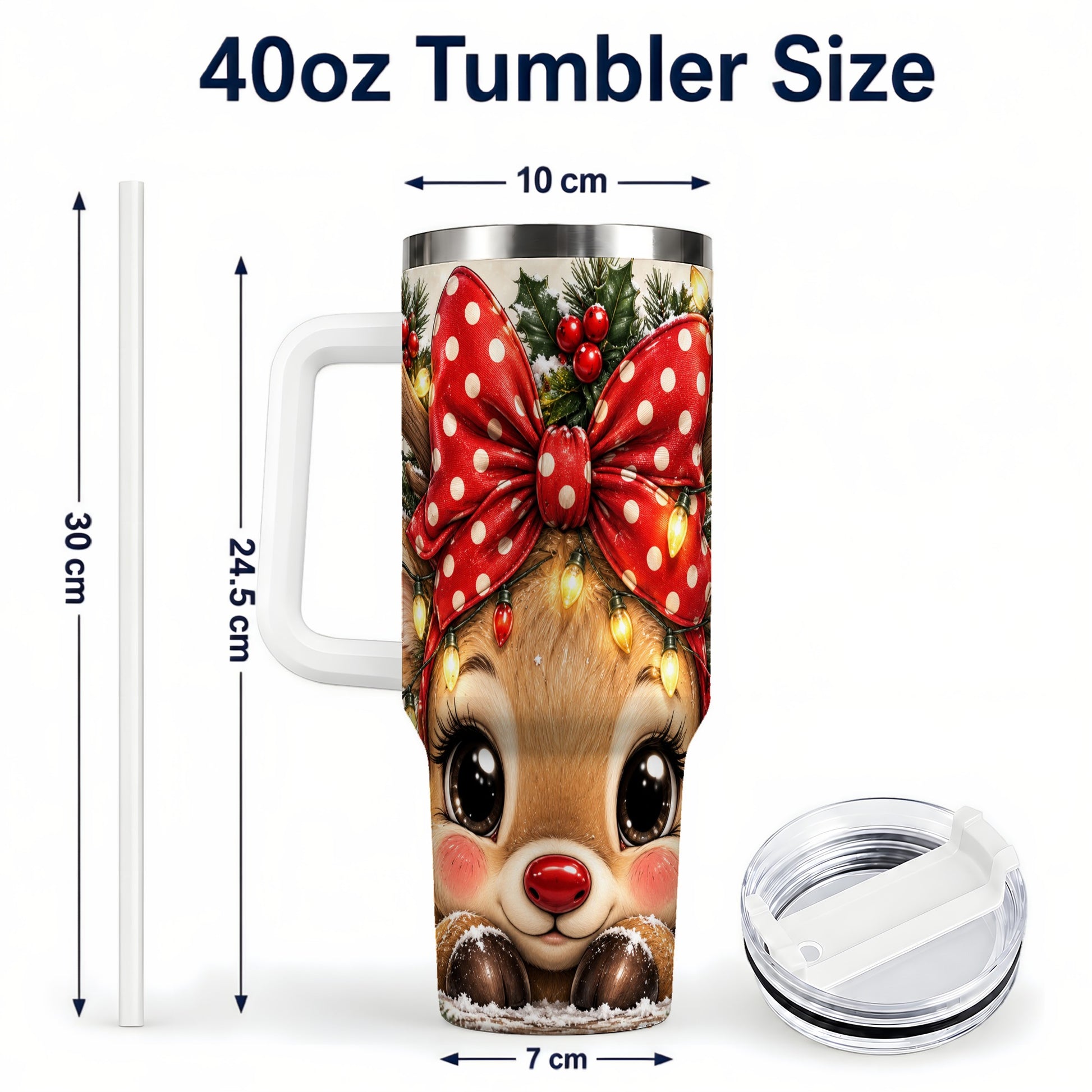 #pl[40oz|White] Cute Reindeer 40oz Tumbler with Handle, Holiday Stainless Steel Cup
