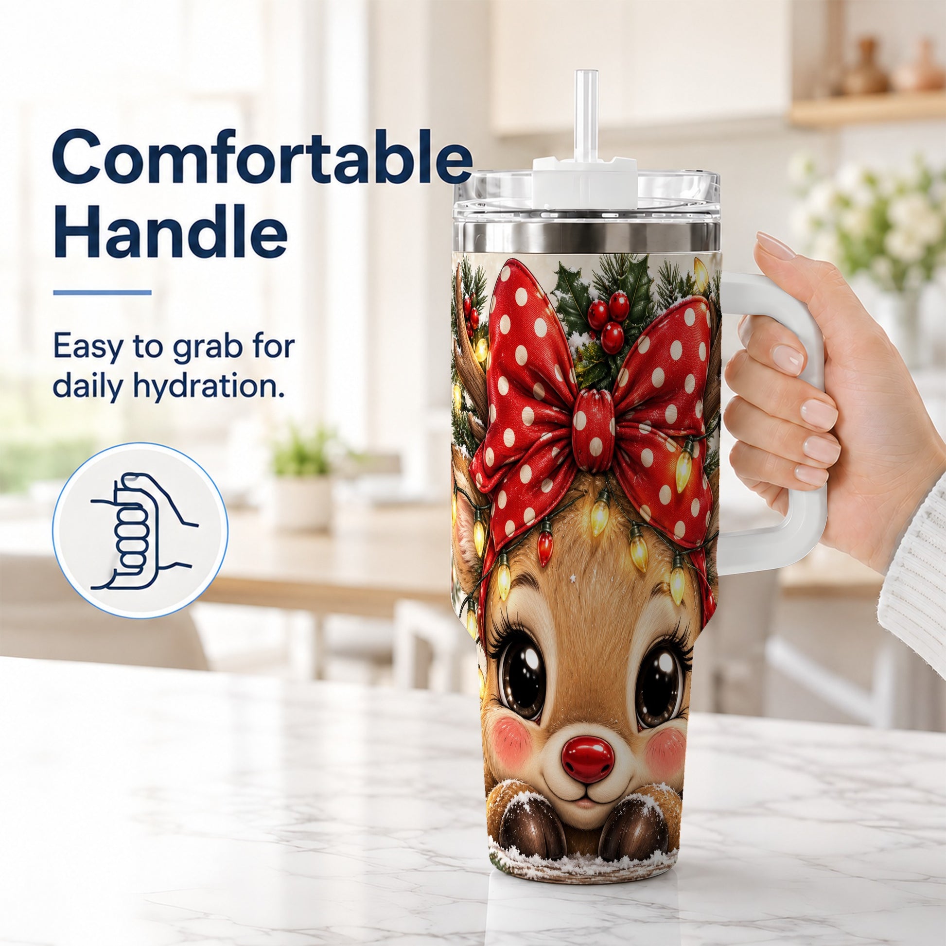 #pl[40oz|White] Cute Reindeer 40oz Tumbler with Handle, Holiday Stainless Steel Cup