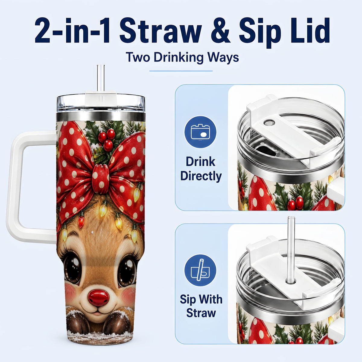 #pl[40oz|White] Cute Reindeer 40oz Tumbler with Handle, Holiday Stainless Steel Cup