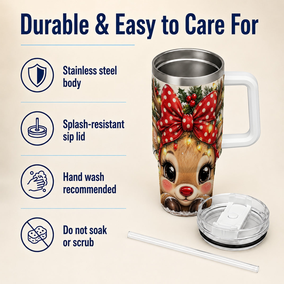 #pl[40oz|White] Cute Reindeer 40oz Tumbler with Handle, Holiday Stainless Steel Cup