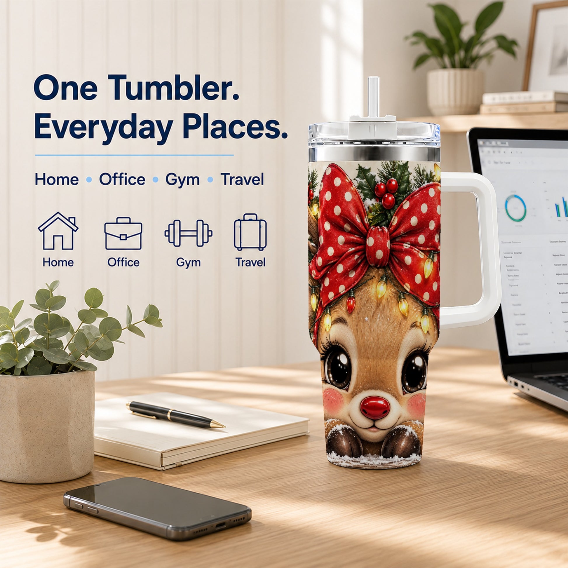 #pl[40oz|White] Cute Reindeer 40oz Tumbler with Handle, Holiday Stainless Steel Cup