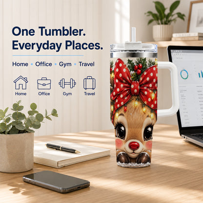 #pl[40oz|White] Cute Reindeer 40oz Tumbler with Handle, Holiday Stainless Steel Cup