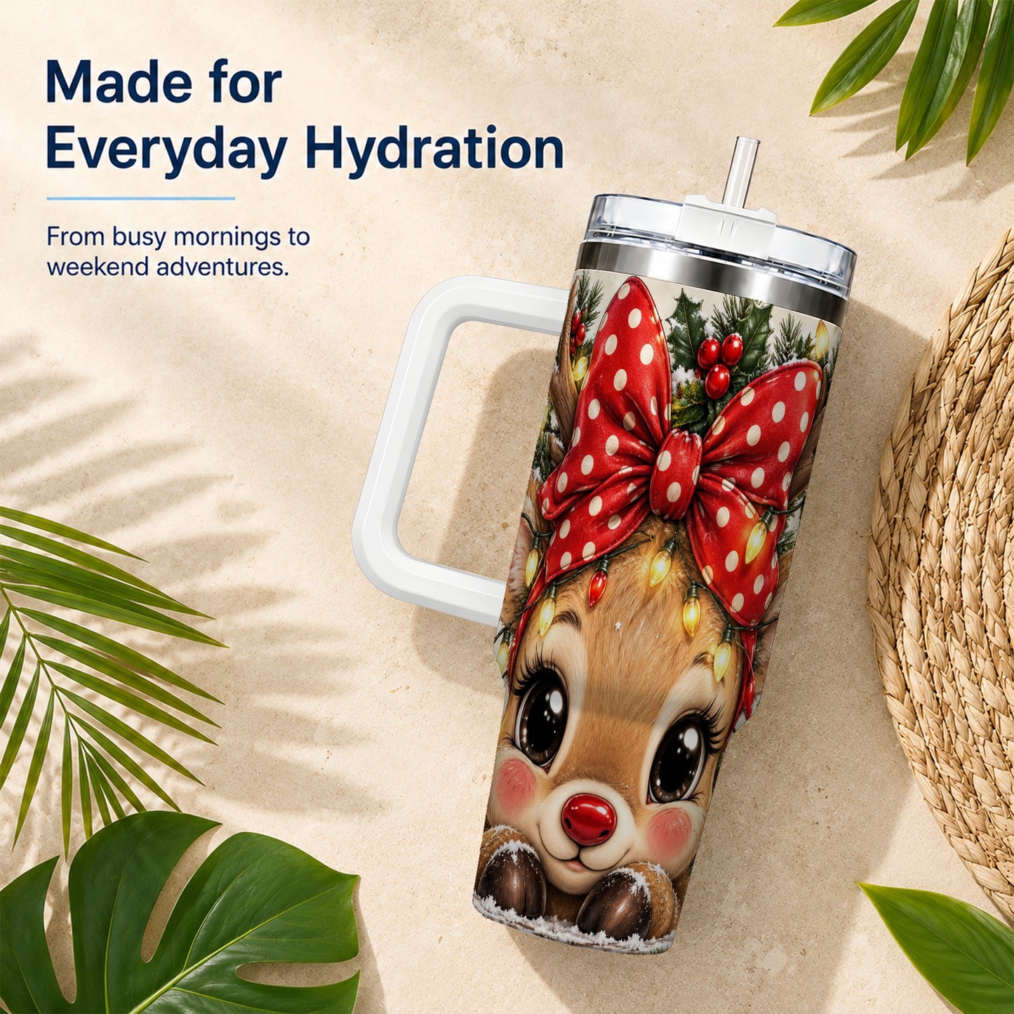 #pl[40oz|White] Cute Reindeer 40oz Tumbler with Handle, Holiday Stainless Steel Cup