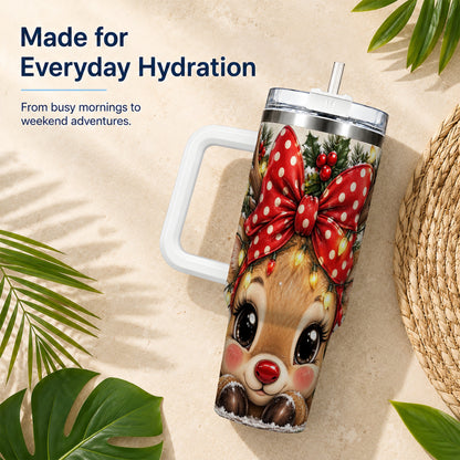 #pl[40oz|White] Cute Reindeer 40oz Tumbler with Handle, Holiday Stainless Steel Cup