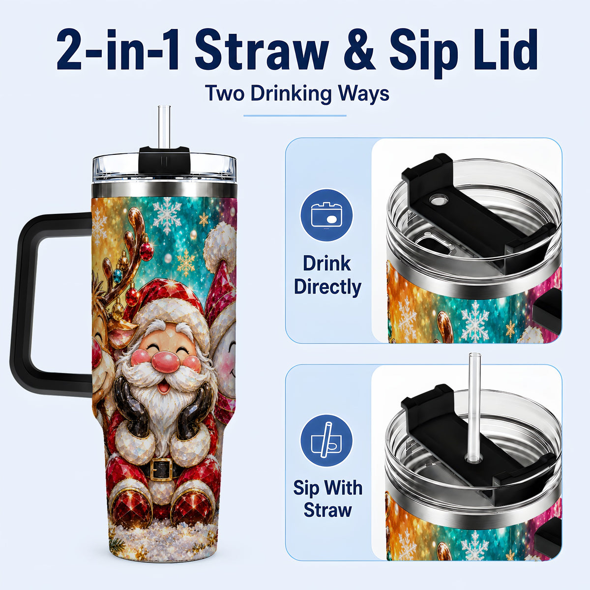 #pl[40oz|Black] Christmas Friends 40oz Tumbler with Handle, Festive Stainless Steel Cup
