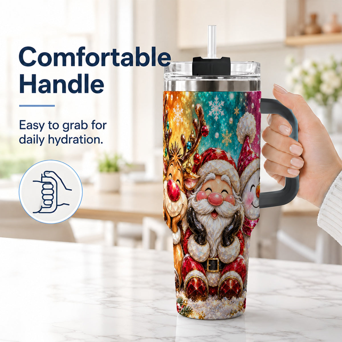 #pl[40oz|Black] Christmas Friends 40oz Tumbler with Handle, Festive Stainless Steel Cup