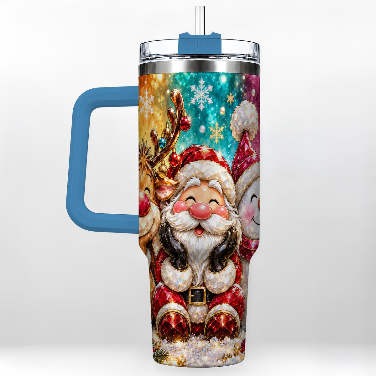 #pl[40oz|Blue] Christmas Friends 40oz Tumbler with Handle, Festive Stainless Steel Cup