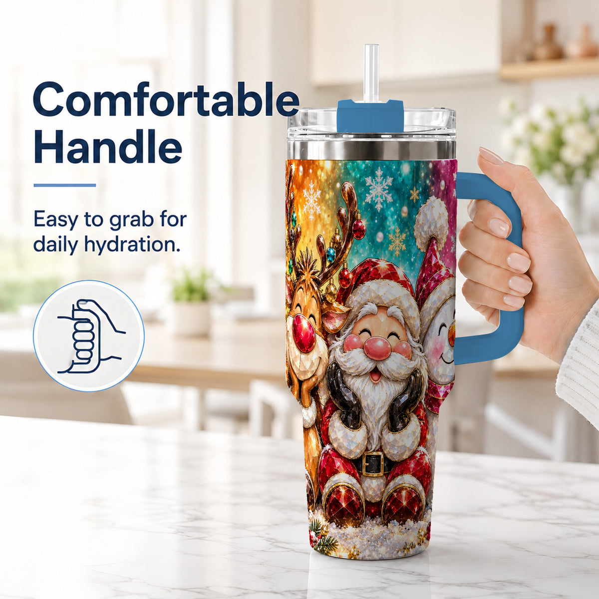 #pl[40oz|Blue] Christmas Friends 40oz Tumbler with Handle, Festive Stainless Steel Cup