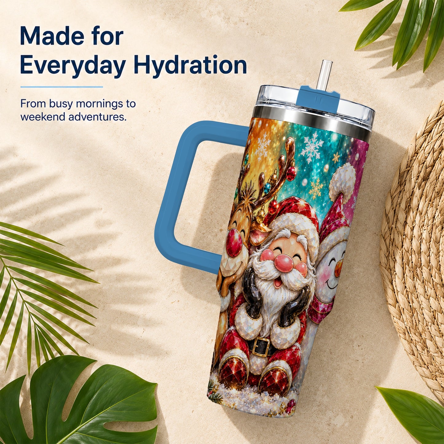 #pl[40oz|Blue] Christmas Friends 40oz Tumbler with Handle, Festive Stainless Steel Cup