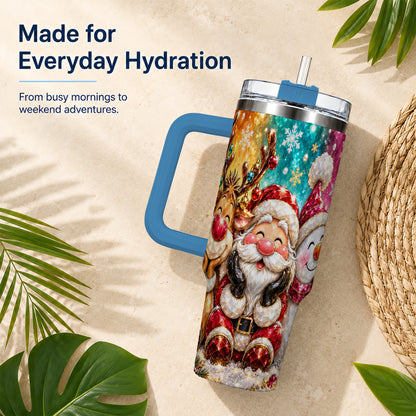 #pl[40oz|Blue] Christmas Friends 40oz Tumbler with Handle, Festive Stainless Steel Cup