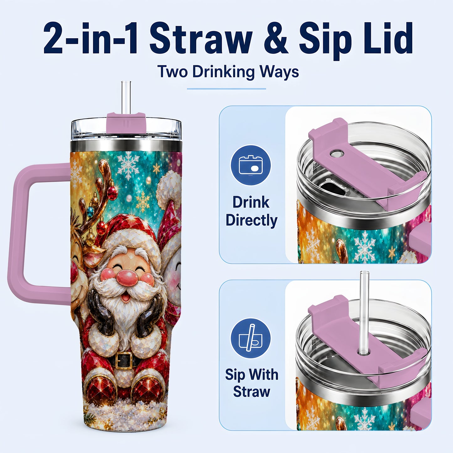 #pl[40oz|Pink] Christmas Friends 40oz Tumbler with Handle, Festive Stainless Steel Cup