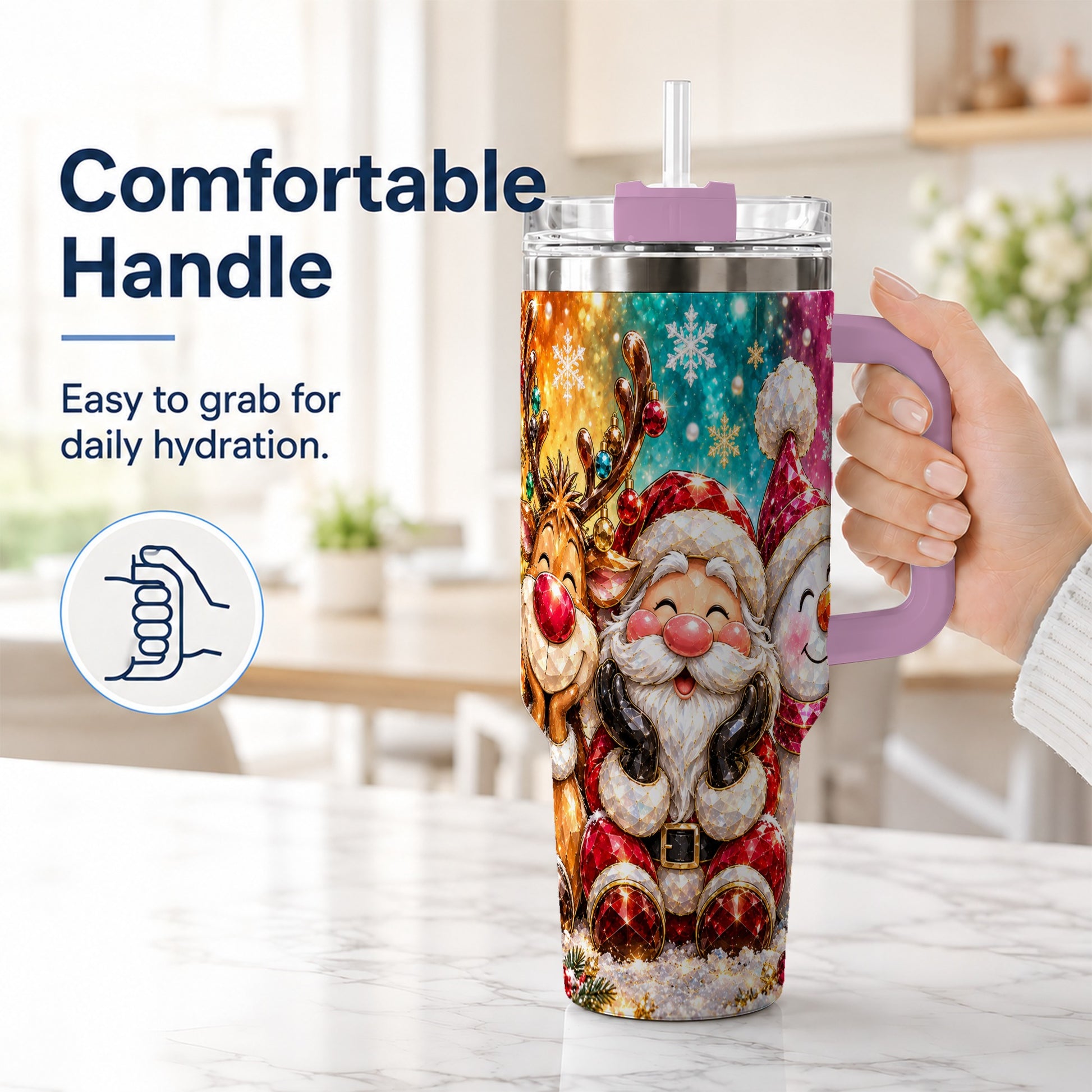 #pl[40oz|Pink] Christmas Friends 40oz Tumbler with Handle, Festive Stainless Steel Cup