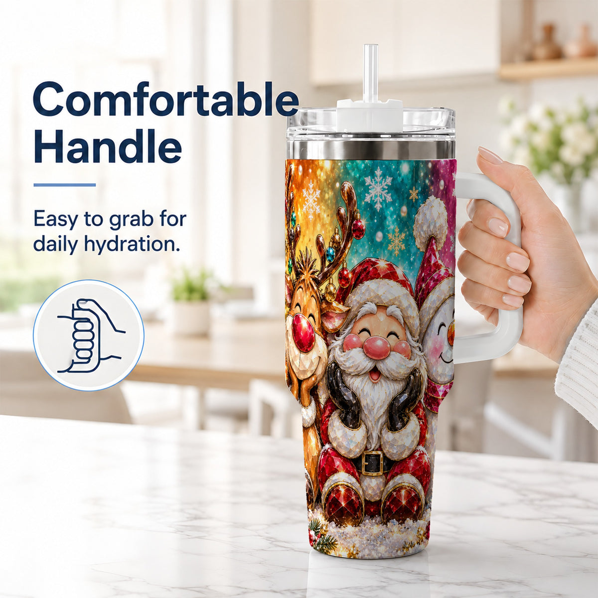 #pl[40oz|White] Christmas Friends 40oz Tumbler with Handle, Festive Stainless Steel Cup