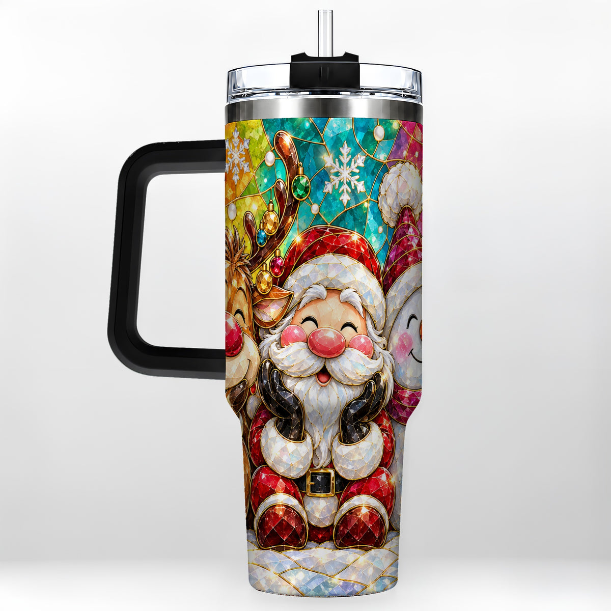 #pl[40oz|Black] Stained Glass Christmas 40oz Tumbler with Handle, Holiday Steel Cup