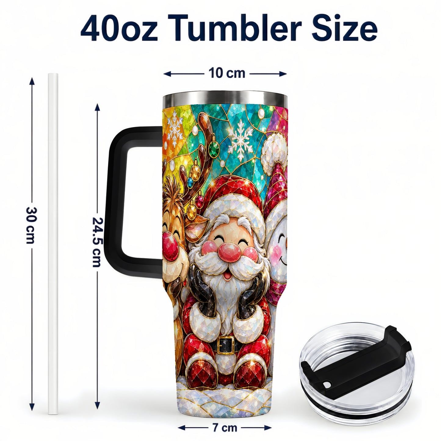 #pl[40oz|Black] Stained Glass Christmas 40oz Tumbler with Handle, Holiday Steel Cup