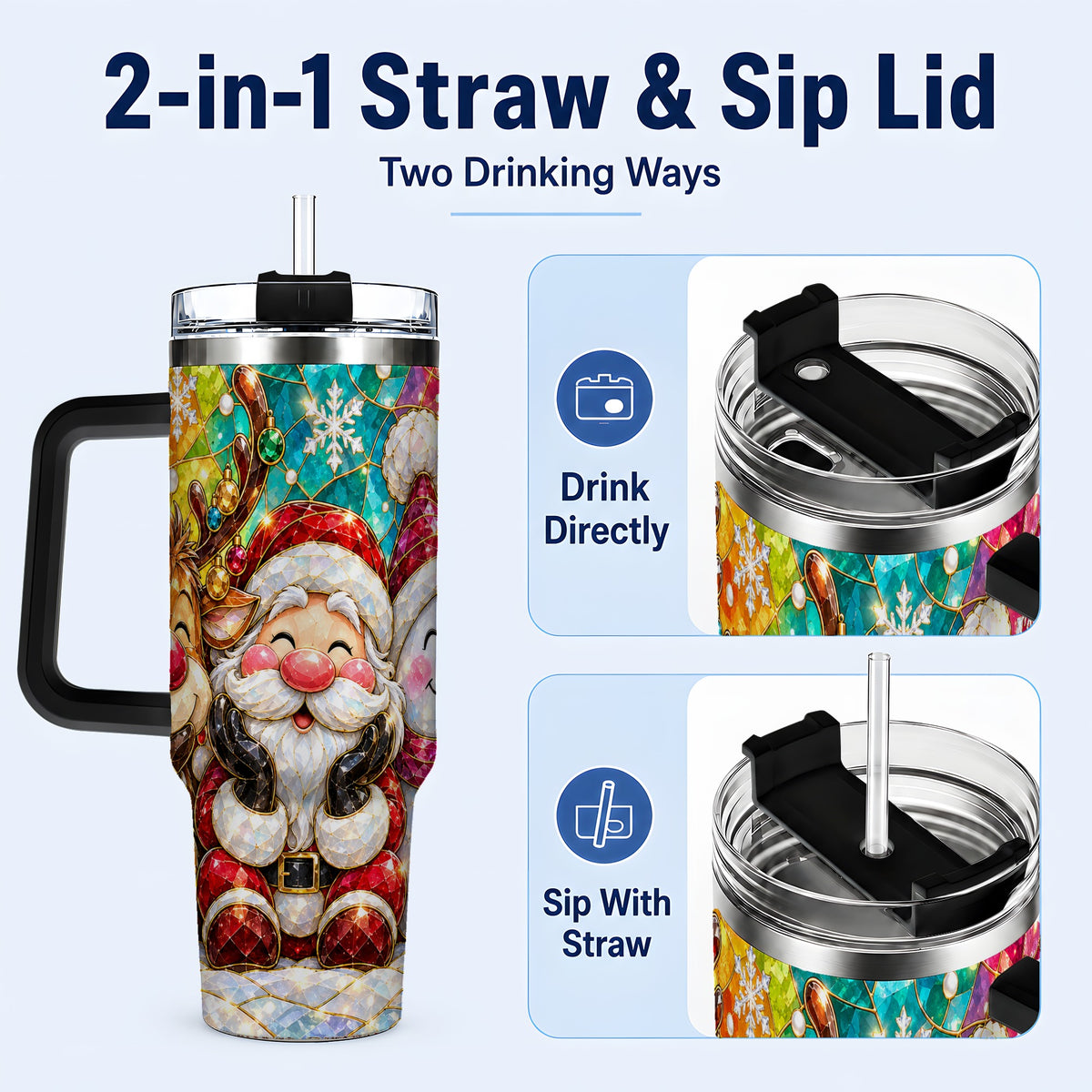 #pl[40oz|Black] Stained Glass Christmas 40oz Tumbler with Handle, Holiday Steel Cup