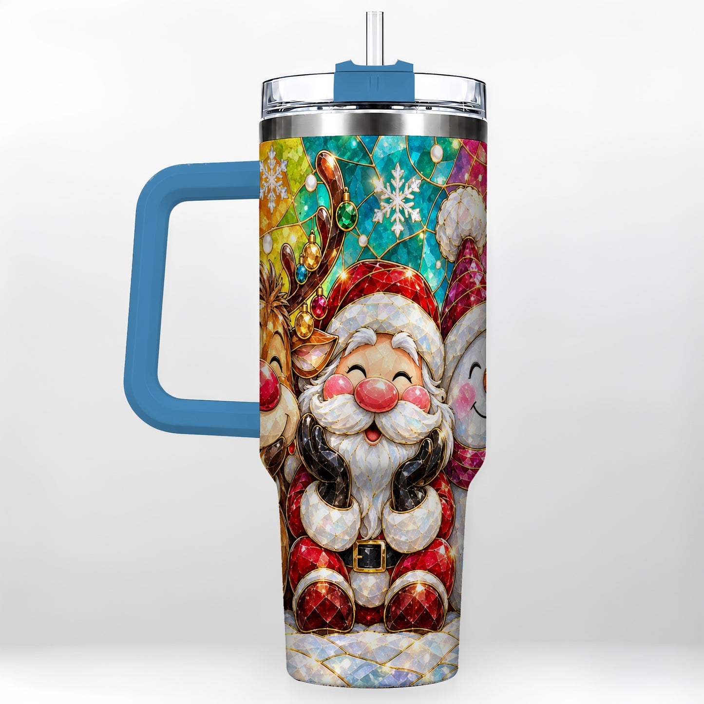 #pl[40oz|Blue] Stained Glass Christmas 40oz Tumbler with Handle, Holiday Steel Cup