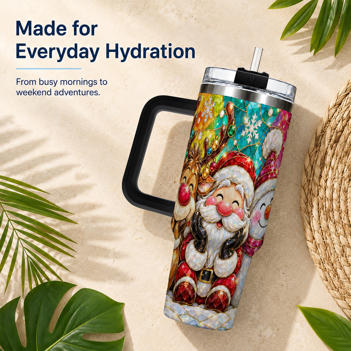 #pl[40oz|Black] Stained Glass Christmas 40oz Tumbler with Handle, Holiday Steel Cup