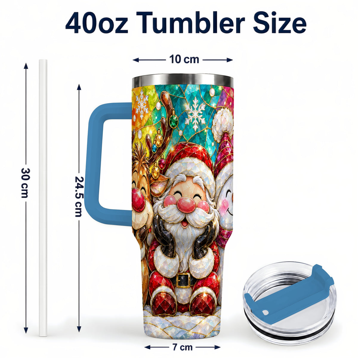 #pl[40oz|Blue] Stained Glass Christmas 40oz Tumbler with Handle, Holiday Steel Cup