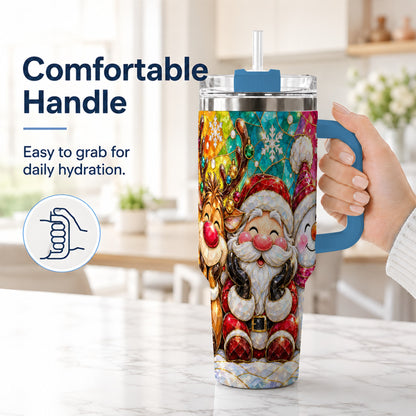 #pl[40oz|Blue] Stained Glass Christmas 40oz Tumbler with Handle, Holiday Steel Cup