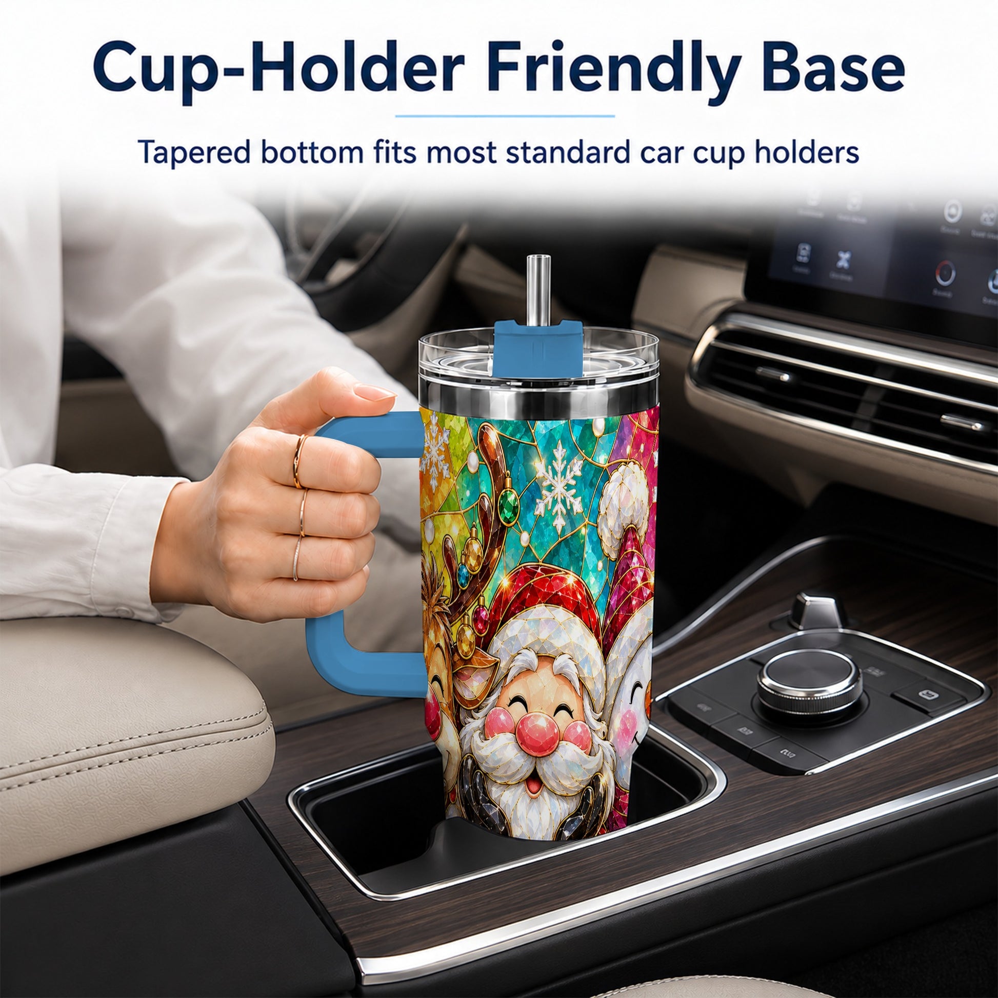 #pl[40oz|Blue] Stained Glass Christmas 40oz Tumbler with Handle, Holiday Steel Cup