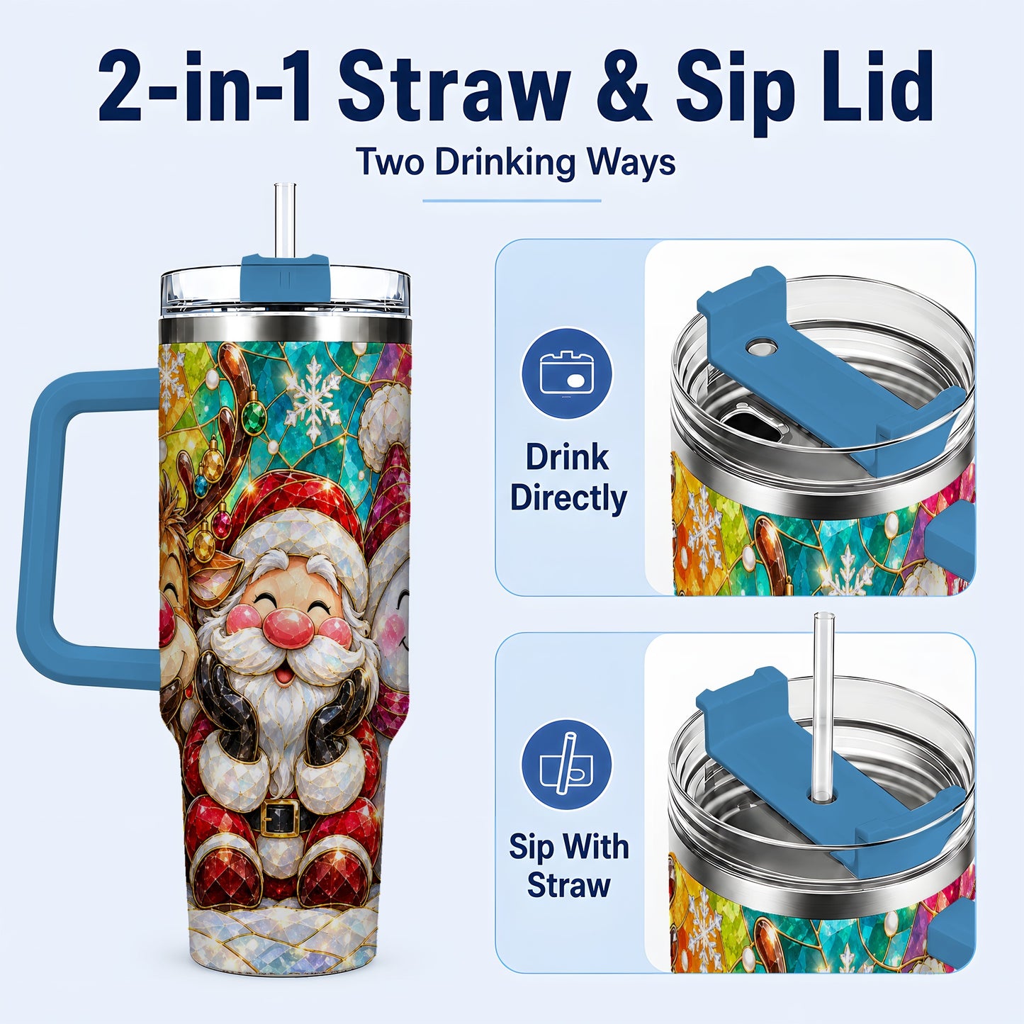 #pl[40oz|Blue] Stained Glass Christmas 40oz Tumbler with Handle, Holiday Steel Cup