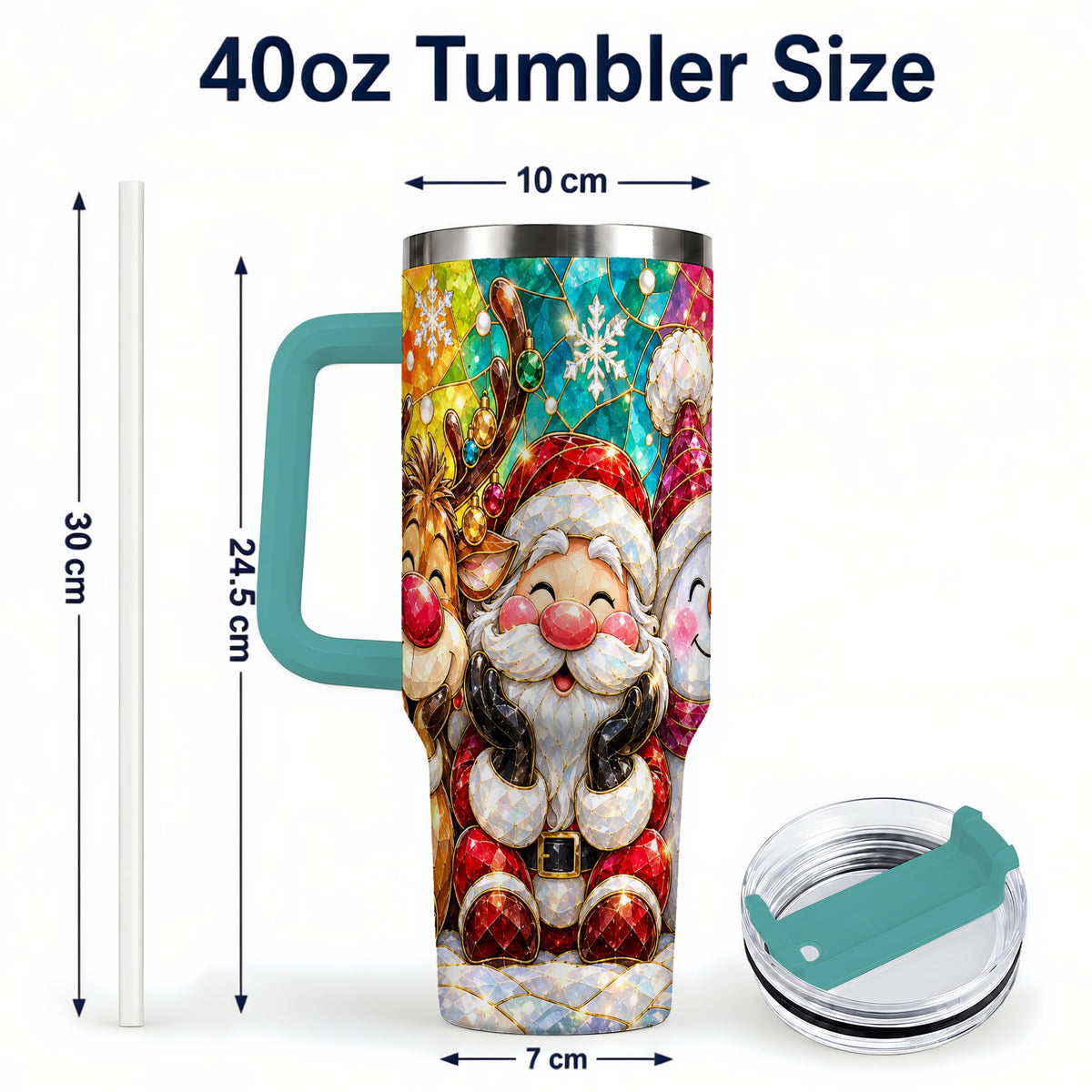 #pl[40oz|Green] Stained Glass Christmas 40oz Tumbler with Handle, Holiday Steel Cup