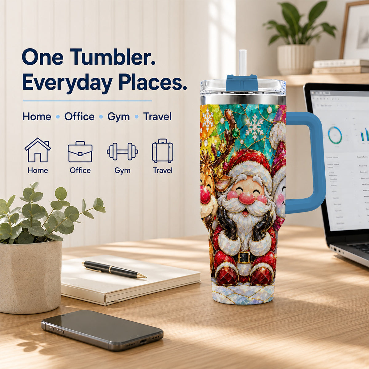 #pl[40oz|Blue] Stained Glass Christmas 40oz Tumbler with Handle, Holiday Steel Cup