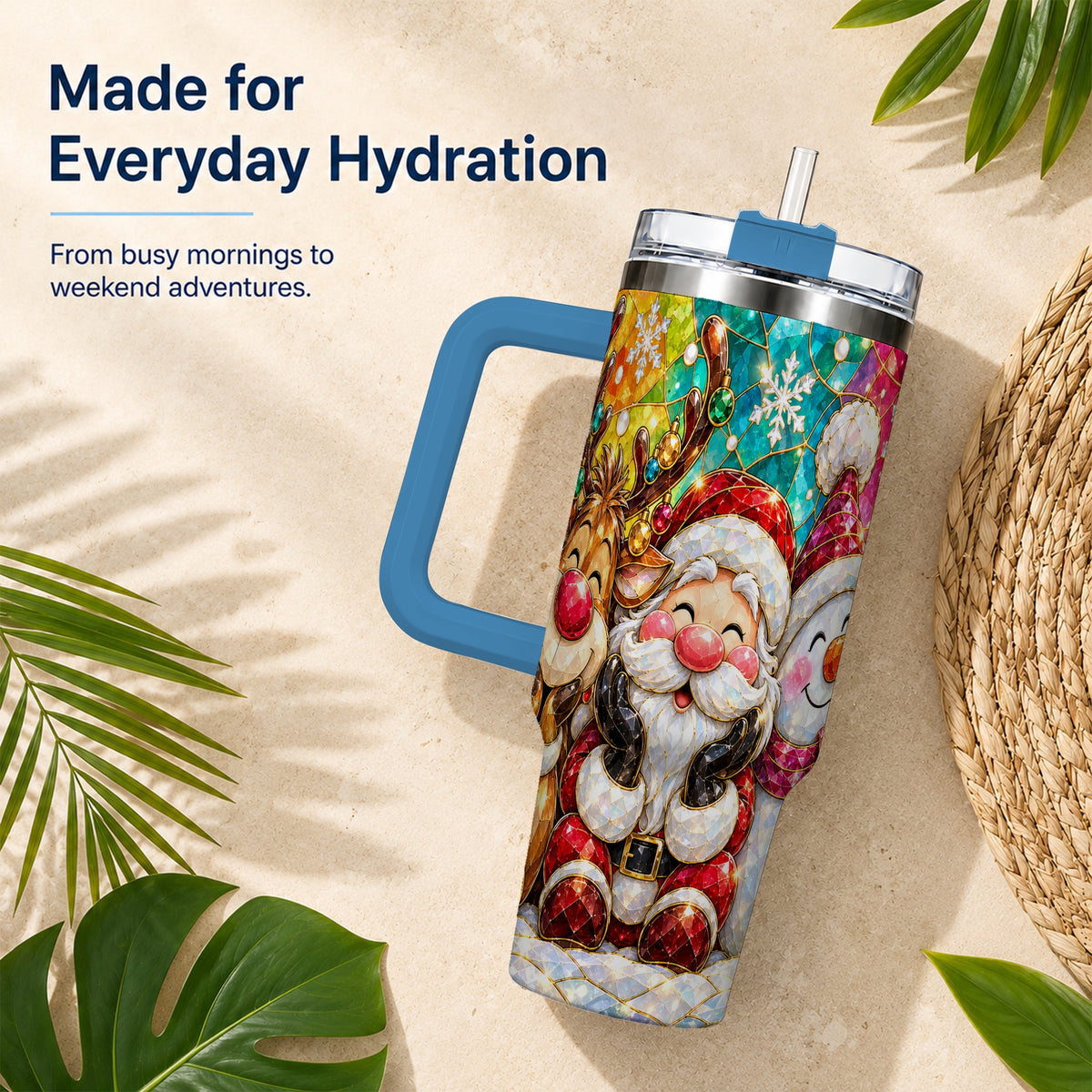 #pl[40oz|Blue] Stained Glass Christmas 40oz Tumbler with Handle, Holiday Steel Cup