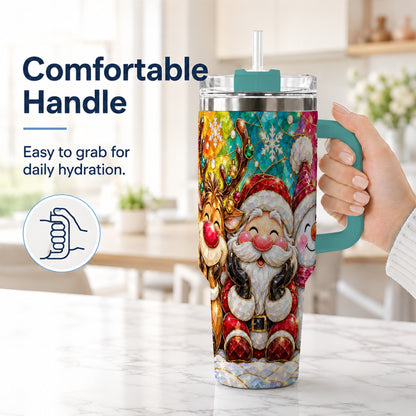 #pl[40oz|Green] Stained Glass Christmas 40oz Tumbler with Handle, Holiday Steel Cup