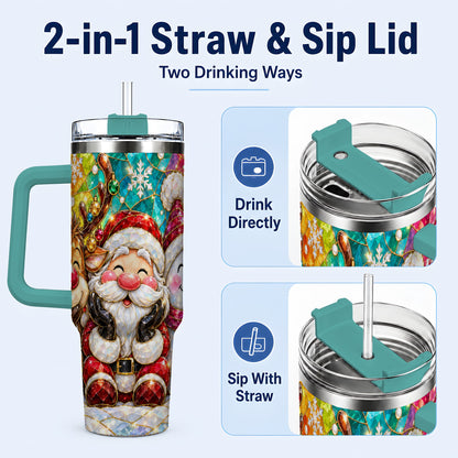 #pl[40oz|Green] Stained Glass Christmas 40oz Tumbler with Handle, Holiday Steel Cup