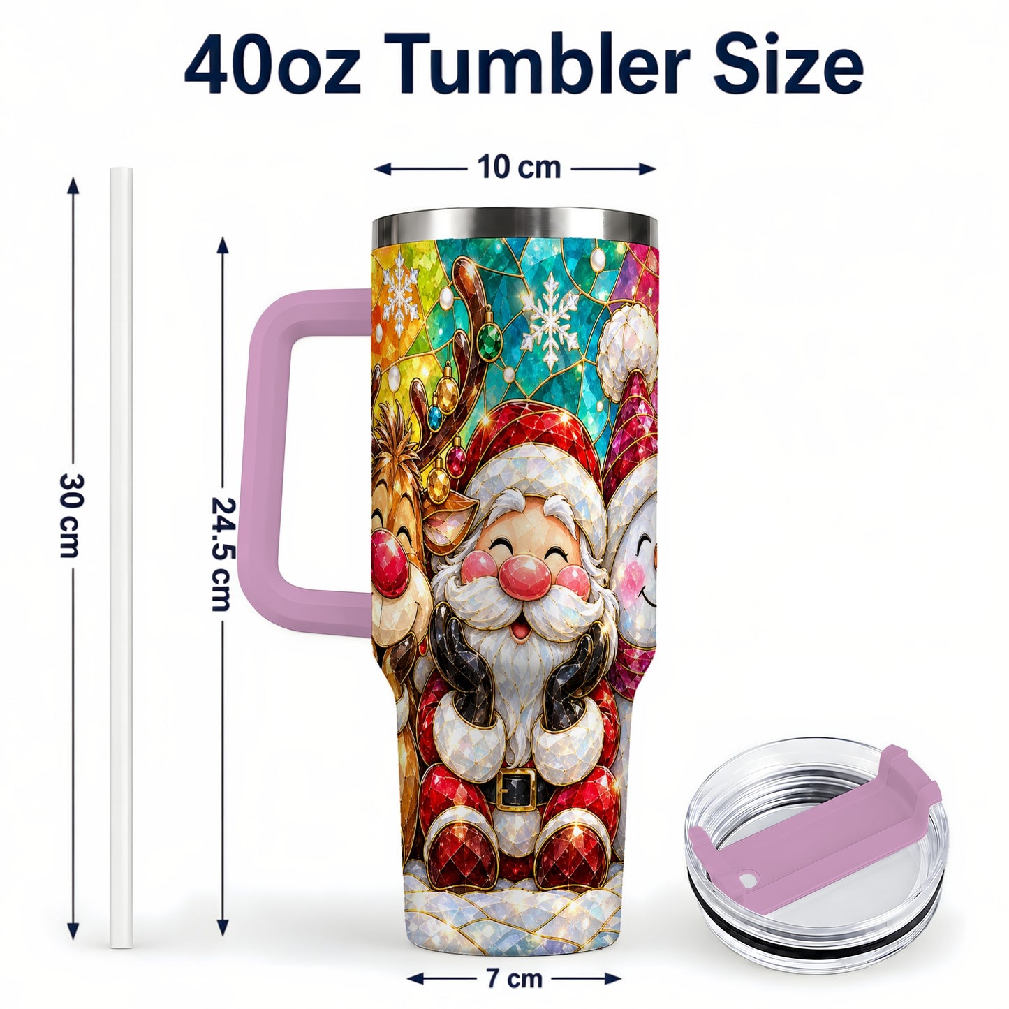 #pl[40oz|Pink] Stained Glass Christmas 40oz Tumbler with Handle, Holiday Steel Cup