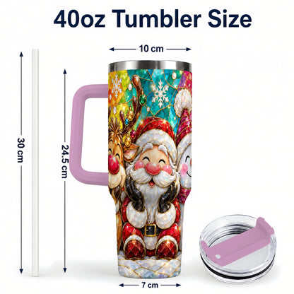 #pl[40oz|Pink] Stained Glass Christmas 40oz Tumbler with Handle, Holiday Steel Cup