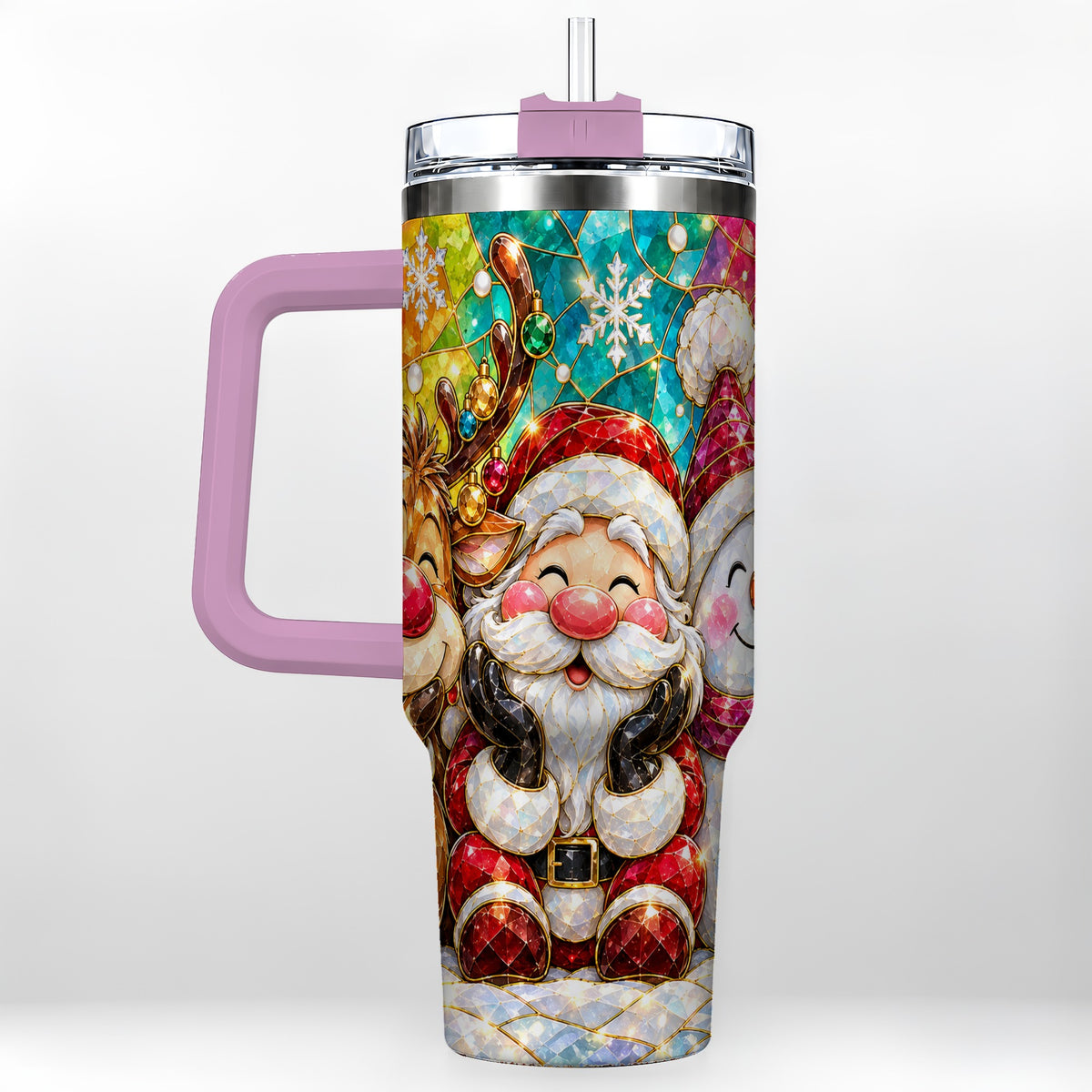 #pl[40oz|Pink] Stained Glass Christmas 40oz Tumbler with Handle, Holiday Steel Cup